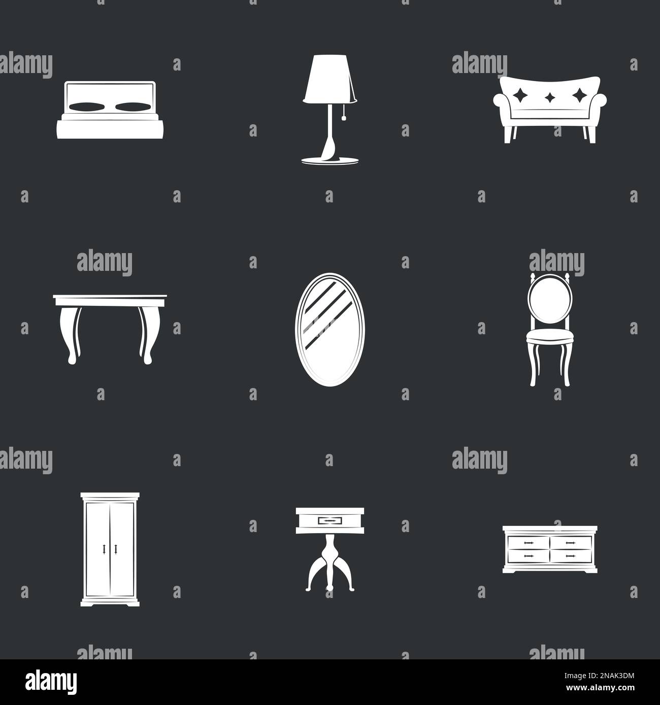 Home interior, furniture icons. Black background Stock Vector Image