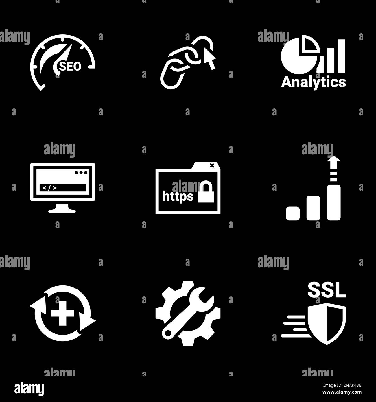 Icons for theme SEO Optimization and Security, vector, icon, set. Black background Stock Vector