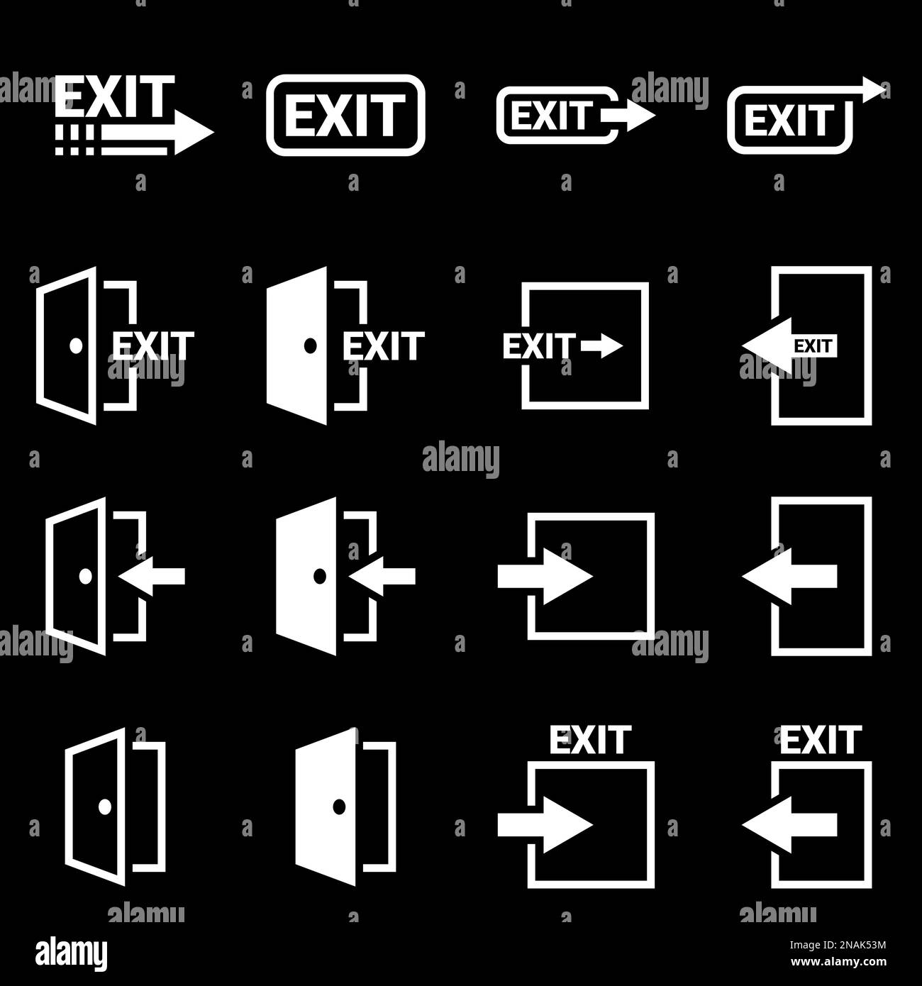 Icons for theme Entrance, exit, door , vector, icon, set. Black background Stock Vector Image