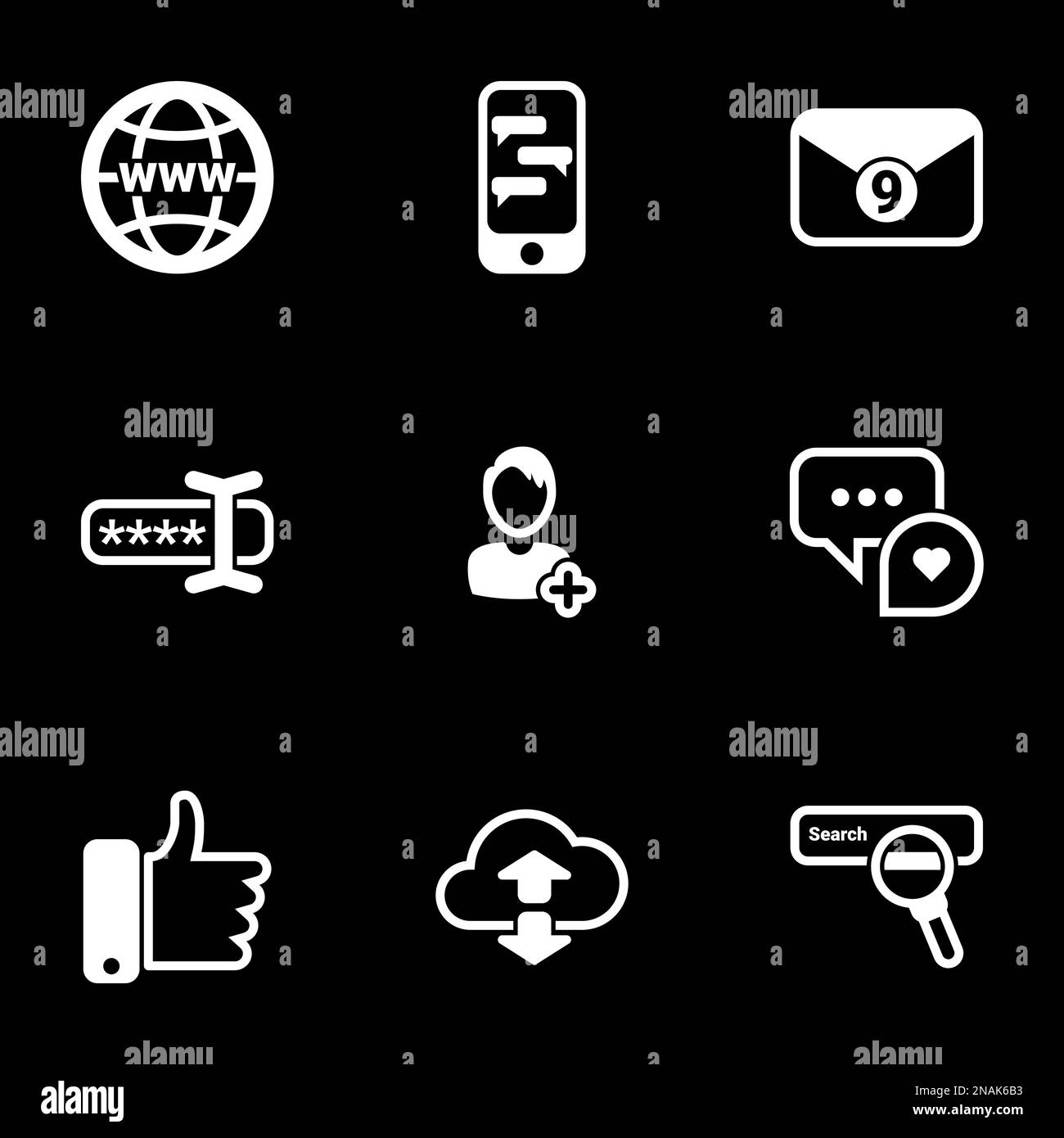 Set of simple icons on a theme Thumb up, conversations, social communications, networks, internet, vector, set. Black background Stock Vector