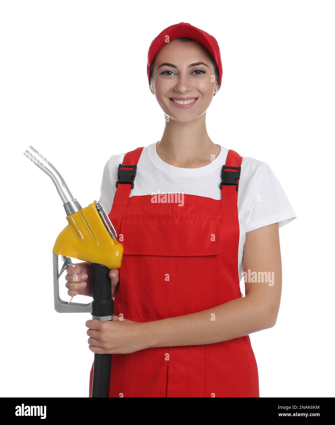 Gas station worker with fuel nozzle on white background Stock Photo Alamy