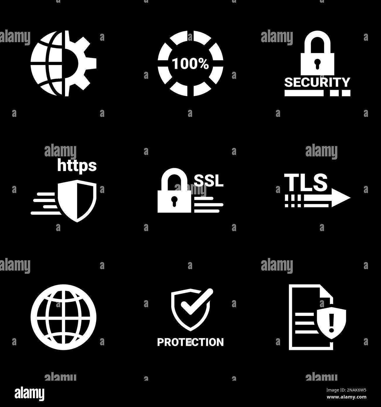 Icons for theme Protection, internet security, caution , vector, icon, set. Black background Stock Vector