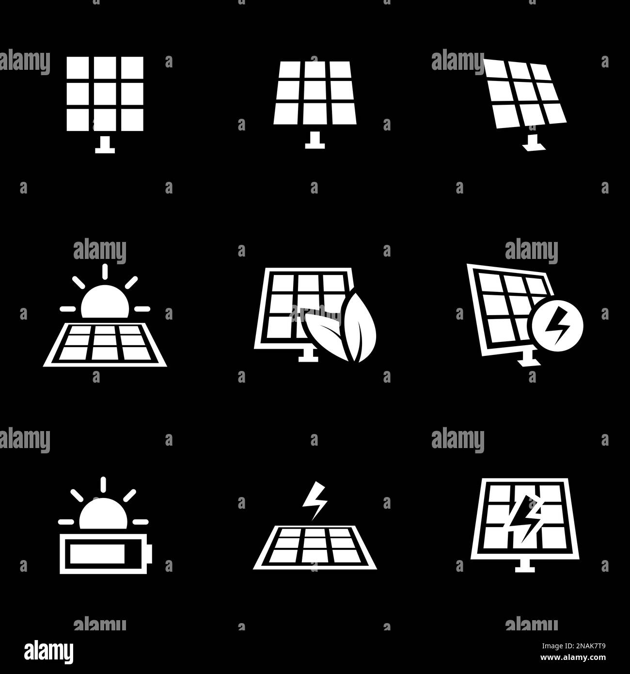 Icons for theme solar panels, vector, icon, set. Black background Stock Vector