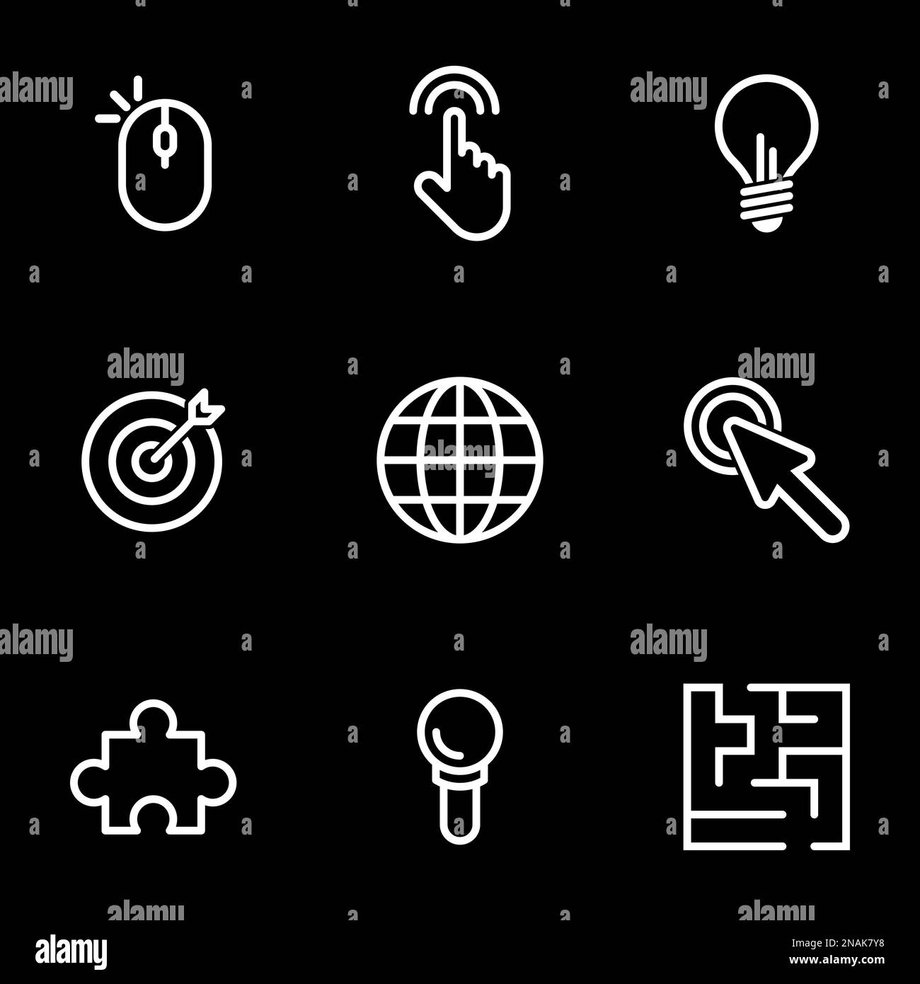Set of simple icons on a theme Internet, communication, creativity, purposefulness , vector, set. Black background Stock Vector