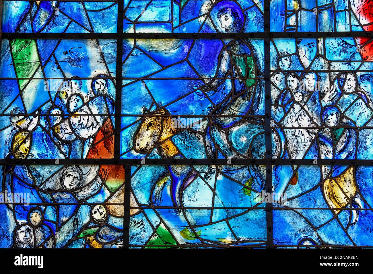 Detail entry into Jerusalem of the stained glass window La Paix, the