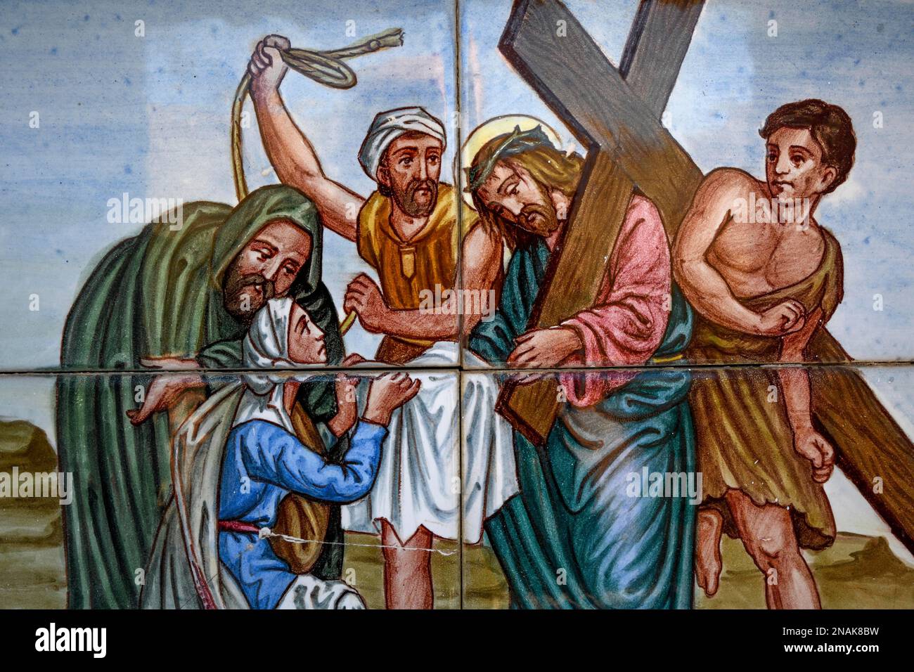 Painted wall tiles of the Passion of Christ at the Way of the Cross in Guadalest, Alicante Province, Costa Blanca, Spain Stock Photo