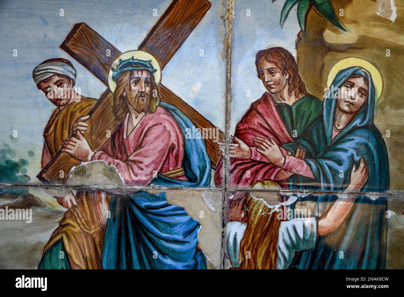 Painted wall tiles of the Passion of Christ at the Way of the Cross in Guadalest, Alicante Province, Costa Blanca, Spain Stock Photo