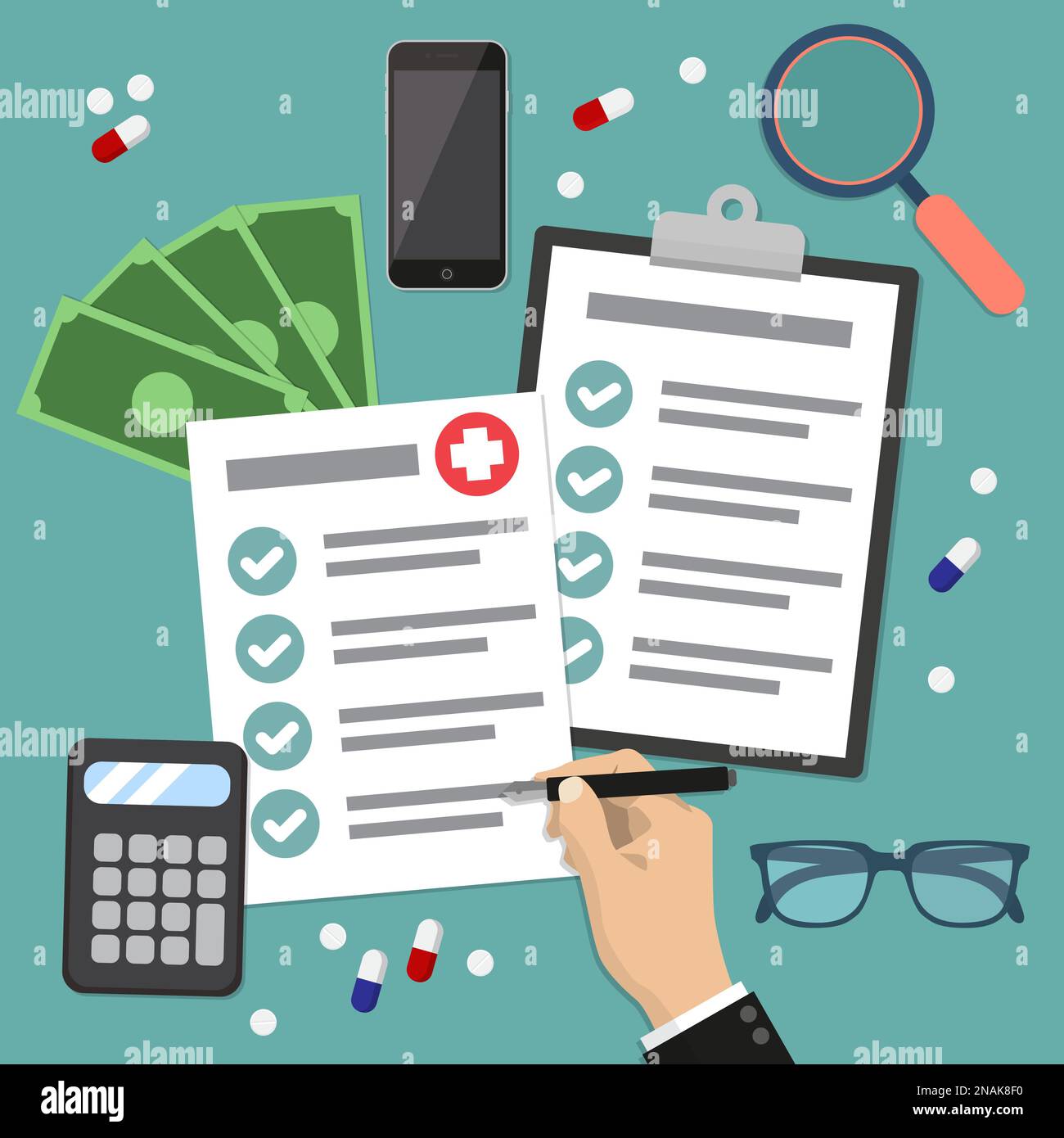 Health insurance form concept vector illustration.The hand fills the