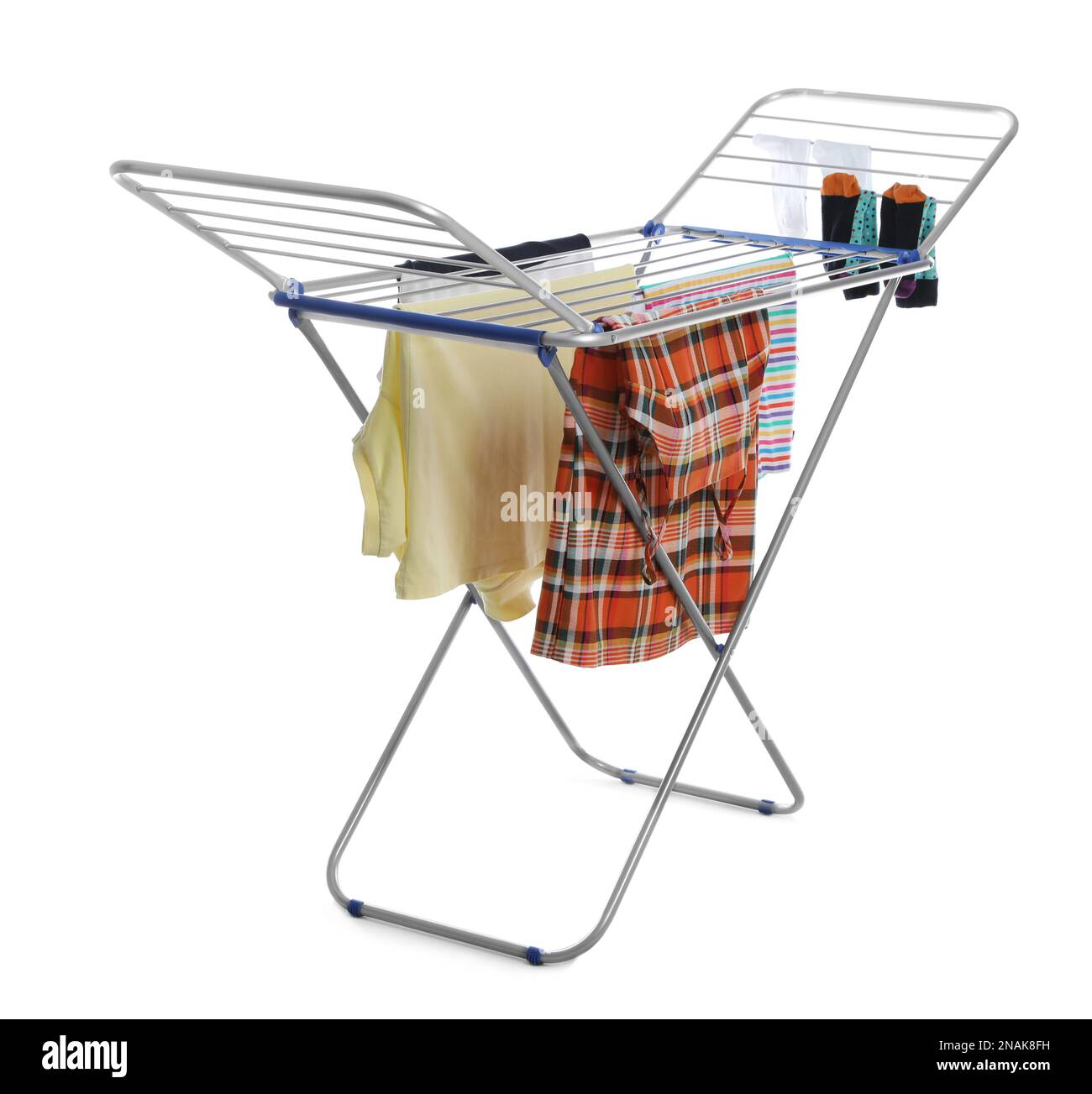 Modern drying rack with clothes on white background Stock Photo Alamy