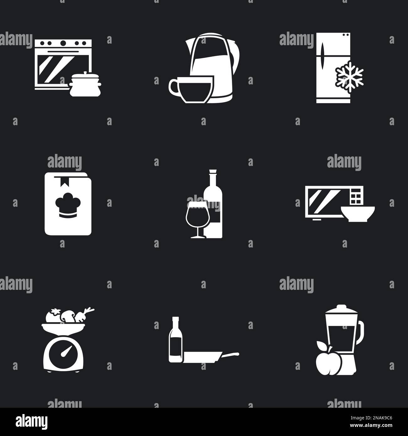 Kitchen and cooking icon set. Black background Stock Vector