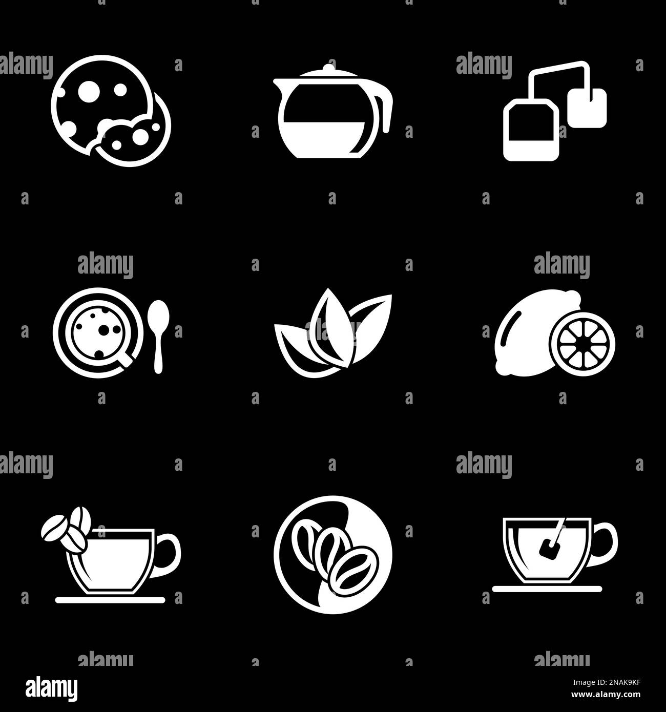 Set of simple icons on a theme Biscuits, tea, drink, coffee, lemon, lime, vector, set. Black background Stock Vector
