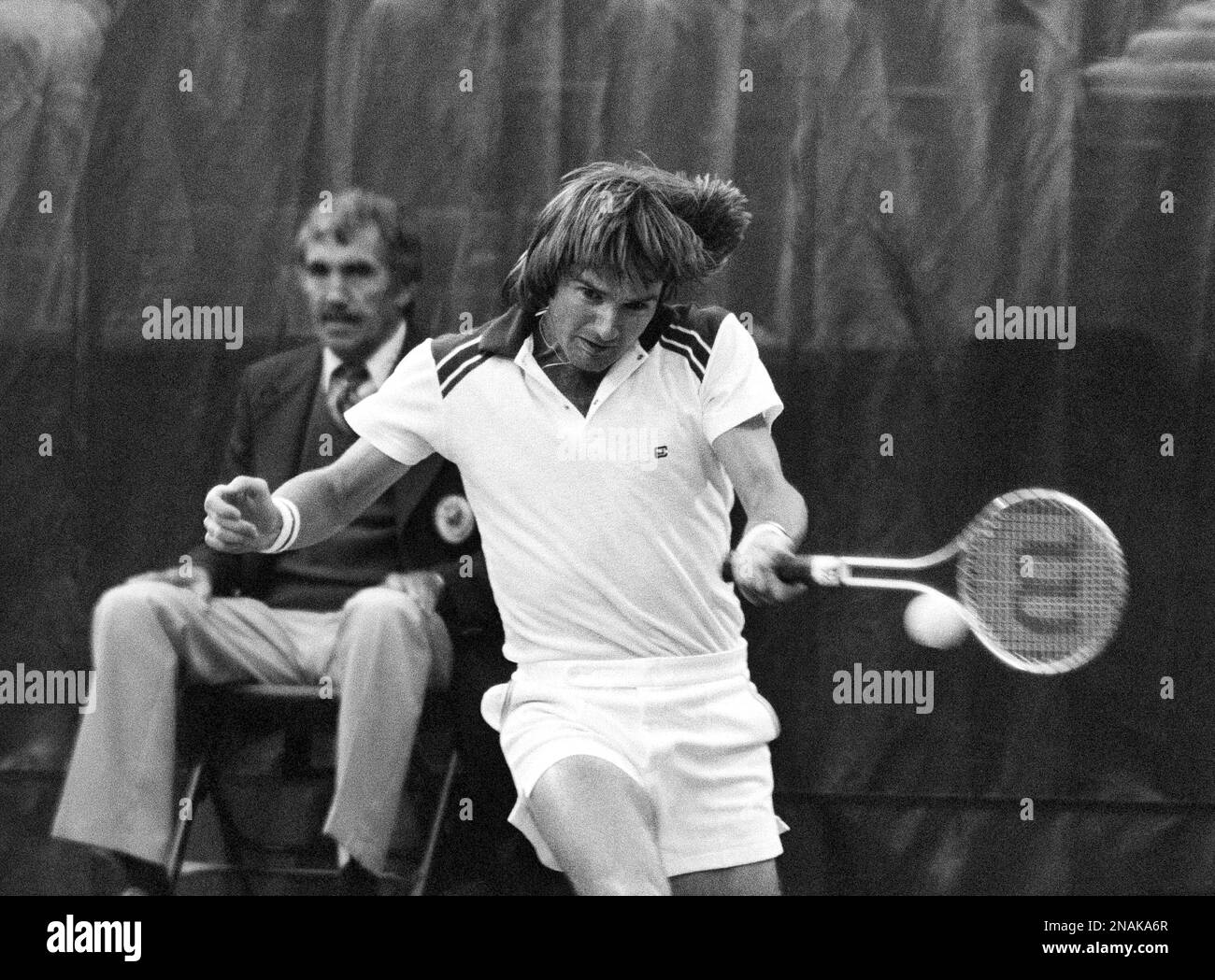 Bjorn Borg of Sweden breaks his racquet making a double backhand... News Photo
