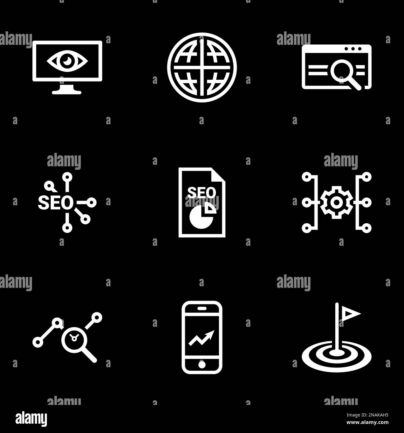 Icons for theme SEO optimization and promotion, vector, icon, set. Black background Stock Vector