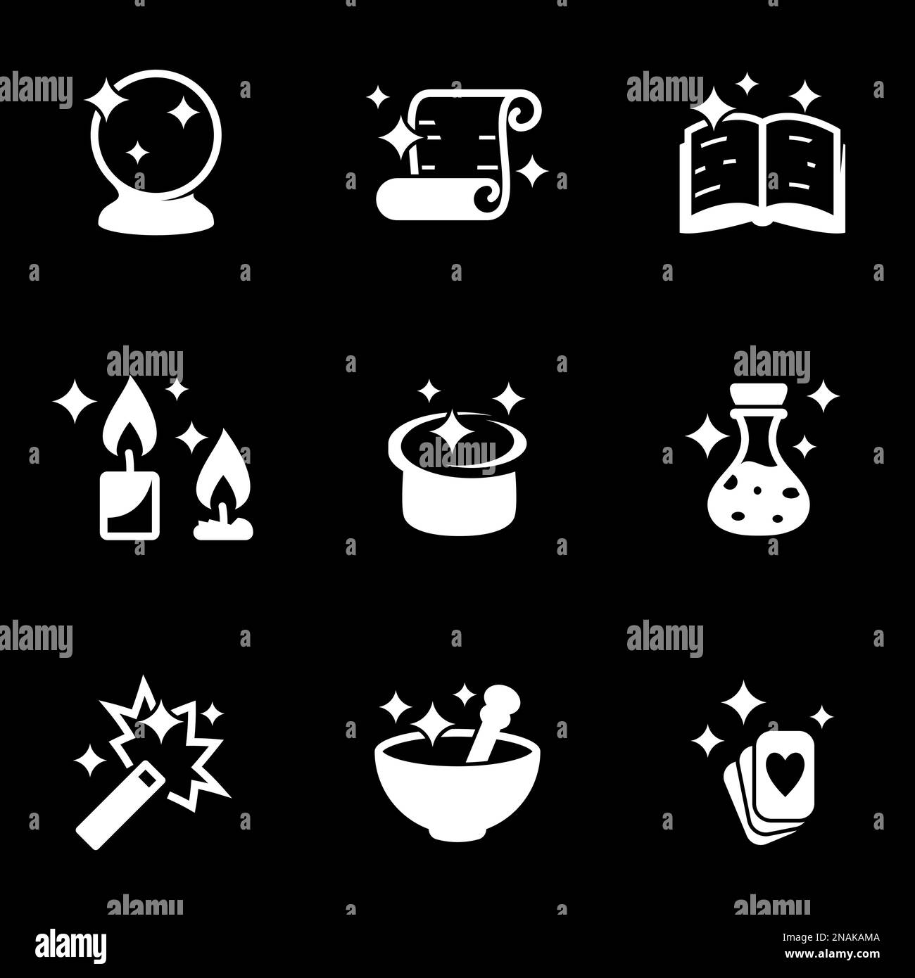 Set of simple icons on a theme Magic, Magician, Magic , vector, set. Black background Stock Vector