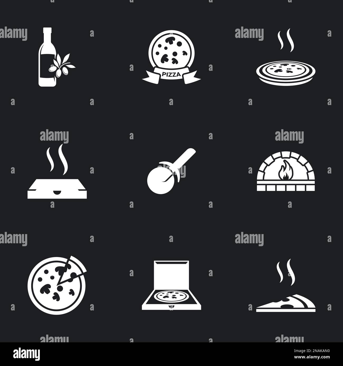 Icons for theme pizza , vector, icon, set. Black background Stock Vector