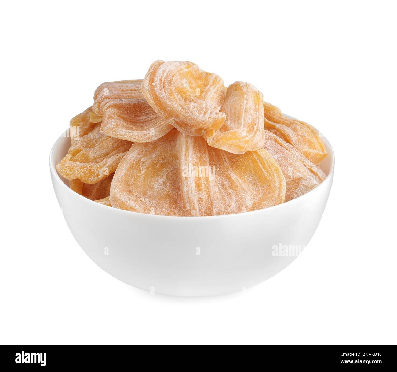 Delicious dried jackfruit slices in bowl isolated on white Stock Photo