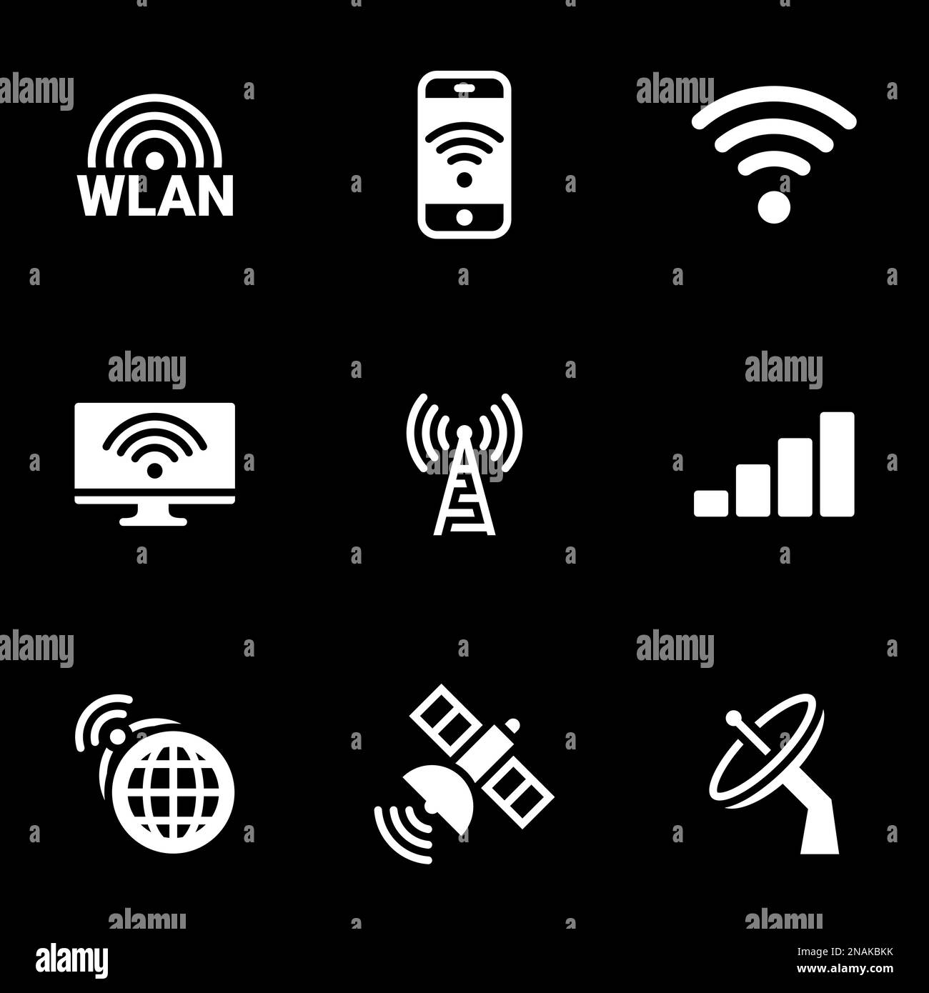 Icons for theme wireless network, vector, icon, set. Black background Stock Vector