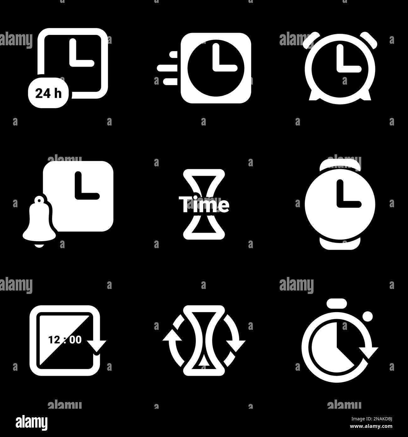 Icons for theme Clock, time, timer, alarm clock , vector, icon, set. Black background Stock Vector