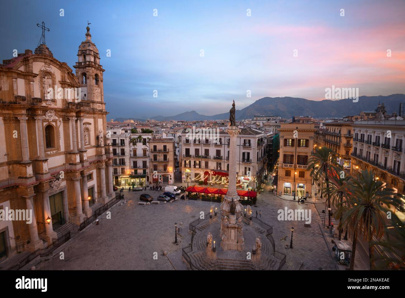 Palermo, Italy Overlooking Piazza San Domenico at dusk. Stock Photo
