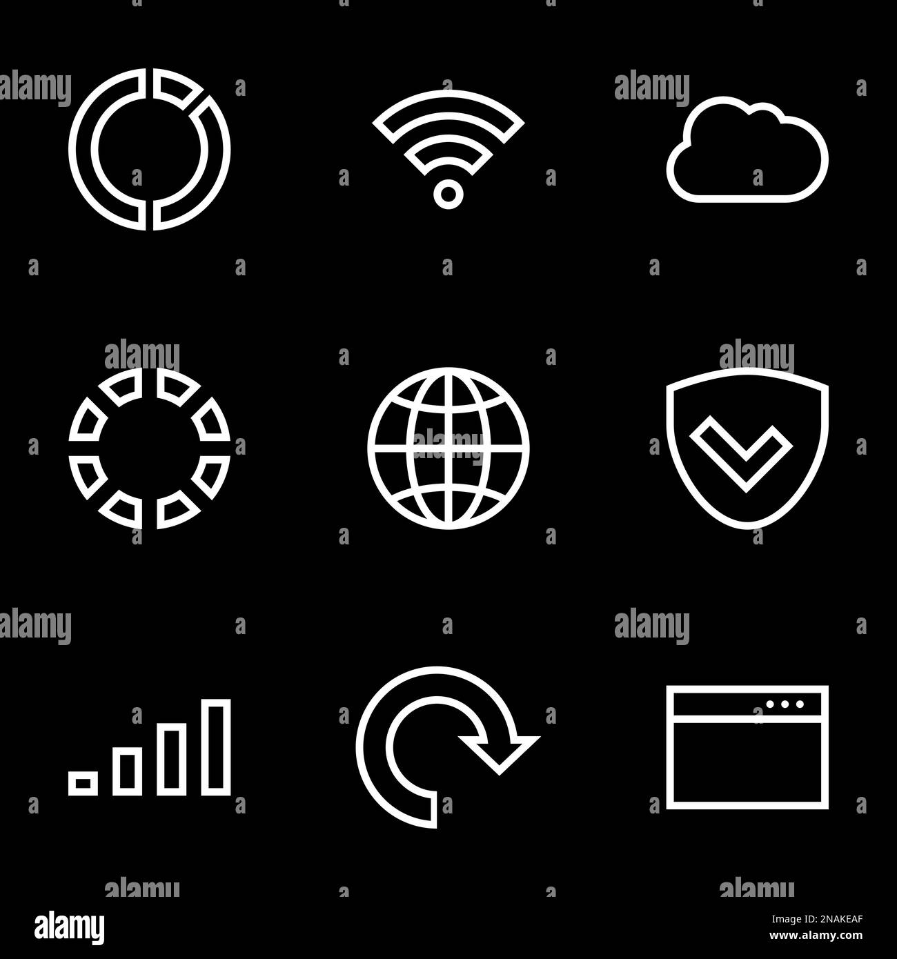 Set of simple icons on a theme Web, internet, communication, linear , vector, set. Black background Stock Vector