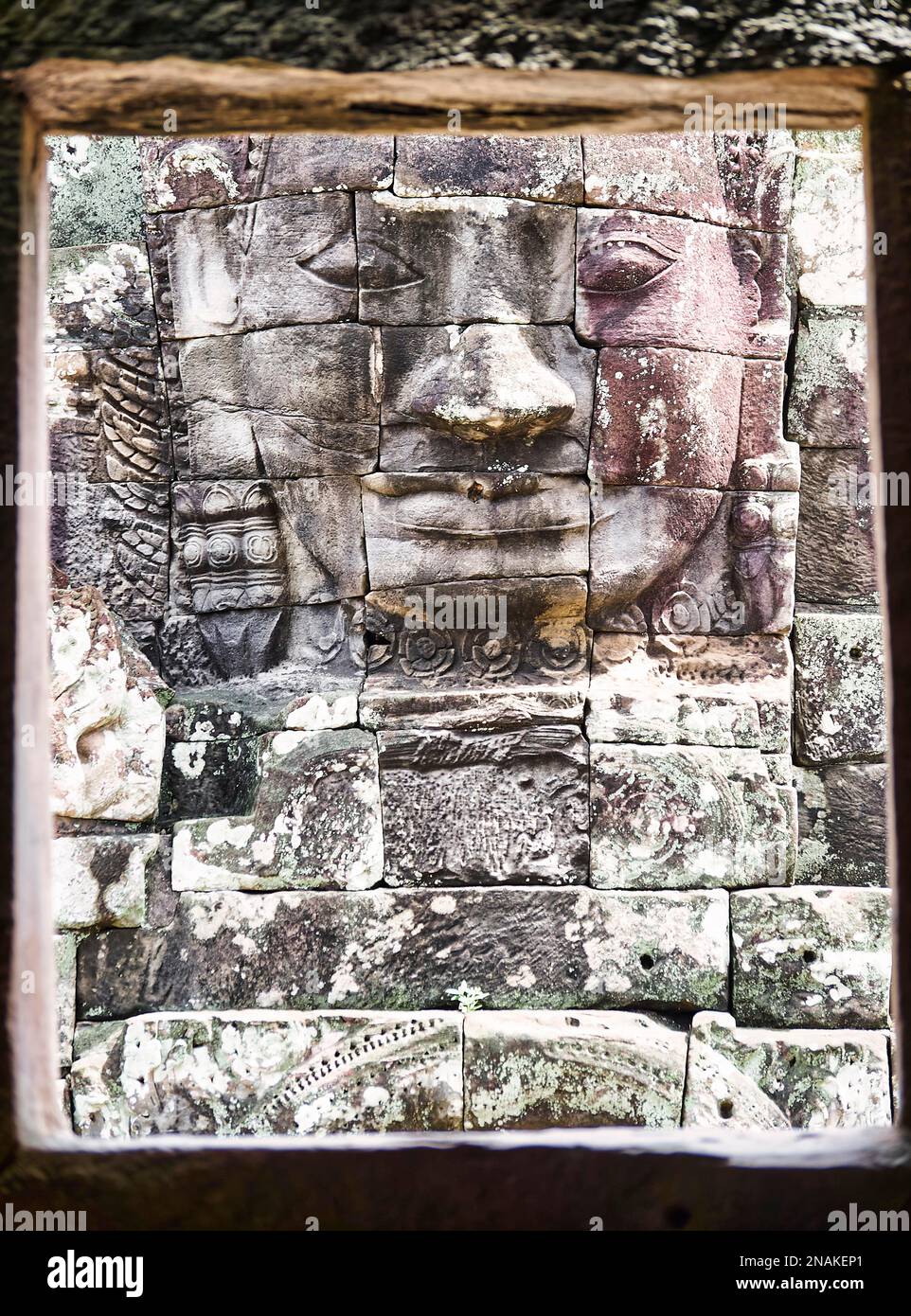 A framed bas relief at Angkor Thom Temple. Bayon. Siem Reap. Cambodia Stock Photo