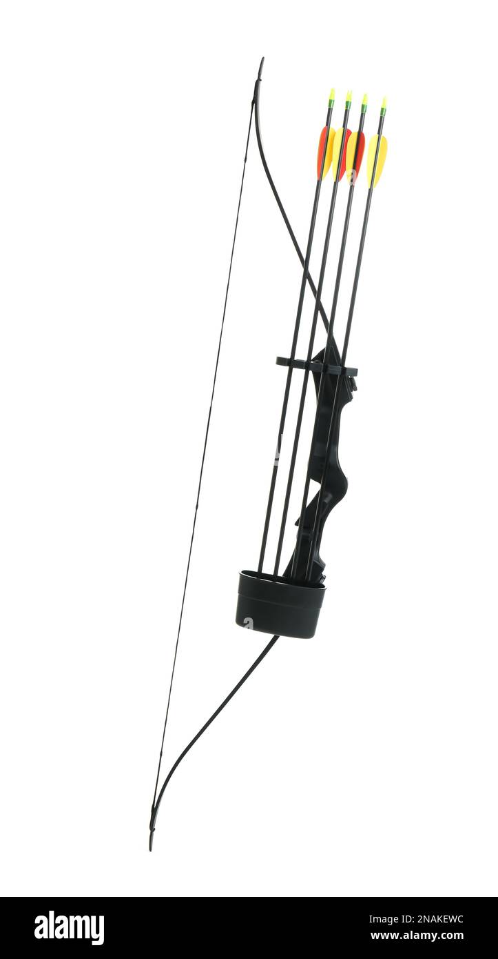 Black bow and plastic arrows on white background. Archery sports