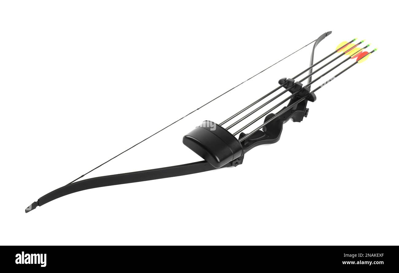 Black bow and plastic arrows on white background. Archery sports equipment  Stock Photo - Alamy, image size:1300x889