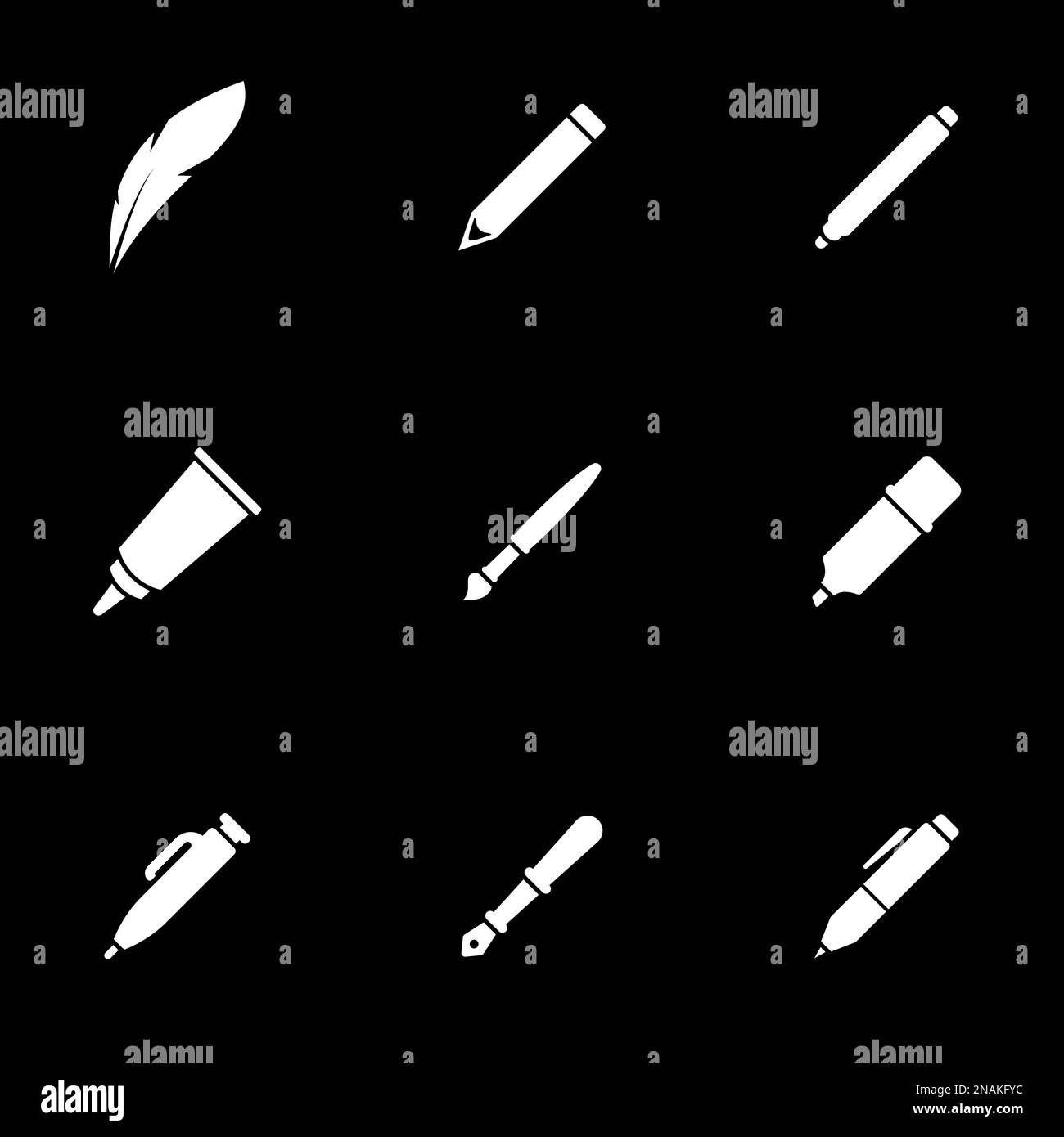 Set of simple icons on a theme pen-pencil, vector, set. Black background Stock Vector