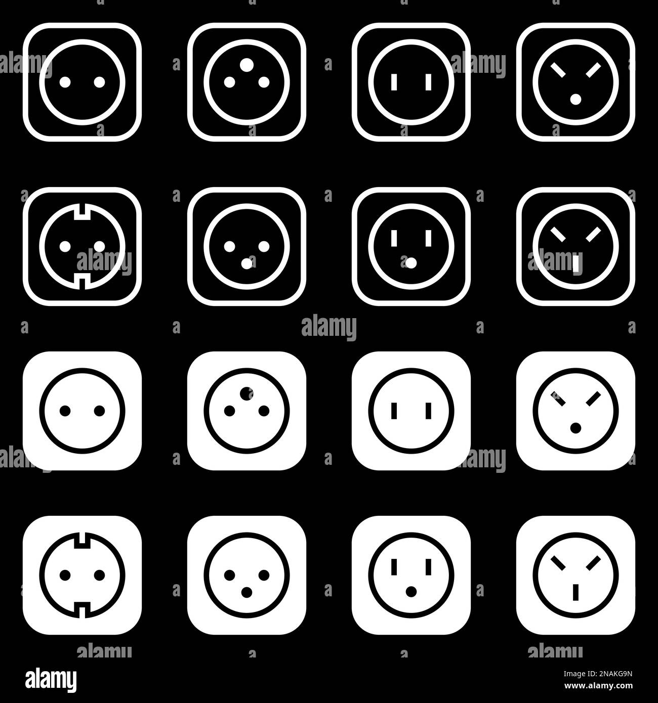 Set of simple icons on a theme power socket, vector, set. Black background Stock Vector