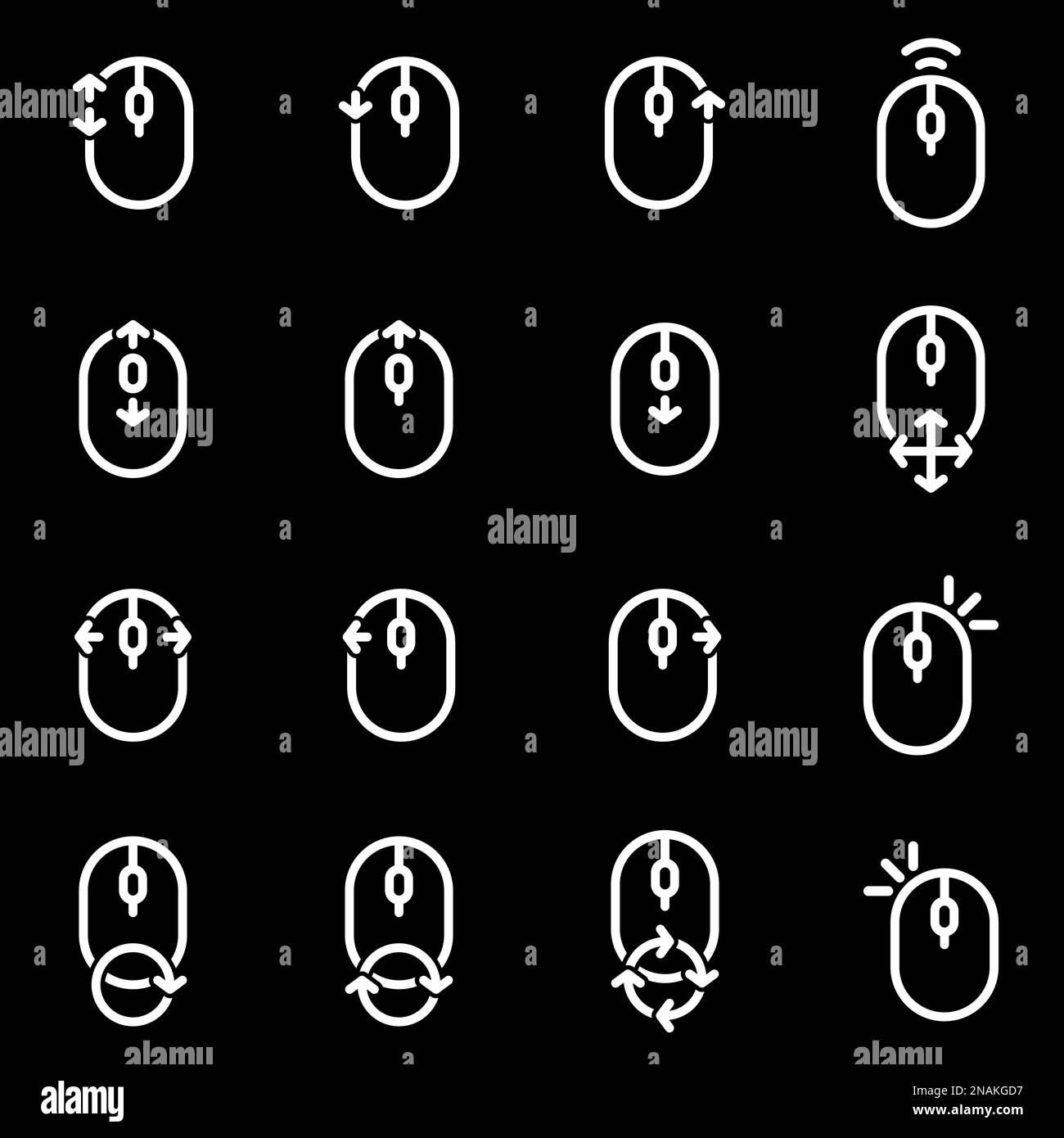 Set of simple icons on a theme Computer mouse, control, gestures , vector, set. Black background Stock Vector