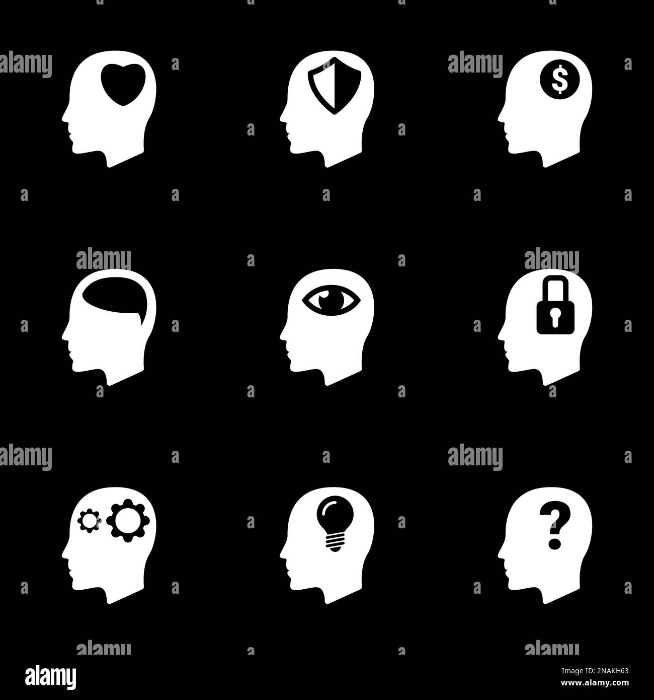Set of simple icons on a theme Man, mind, thought, occupation, thought, mental, vector, set. Black background Stock Vector