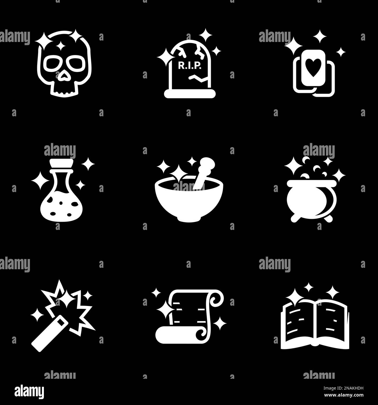 Set of simple icons on a theme Magic, Magician, Magic , vector, set. Black background Stock Vector