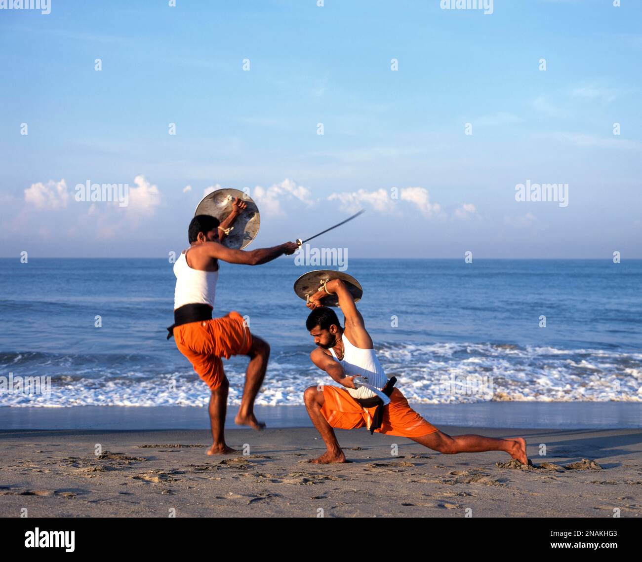 Kalaripayattu Ancient Martial Art ok Kerala, Sword & Shield Fight Stock Photo