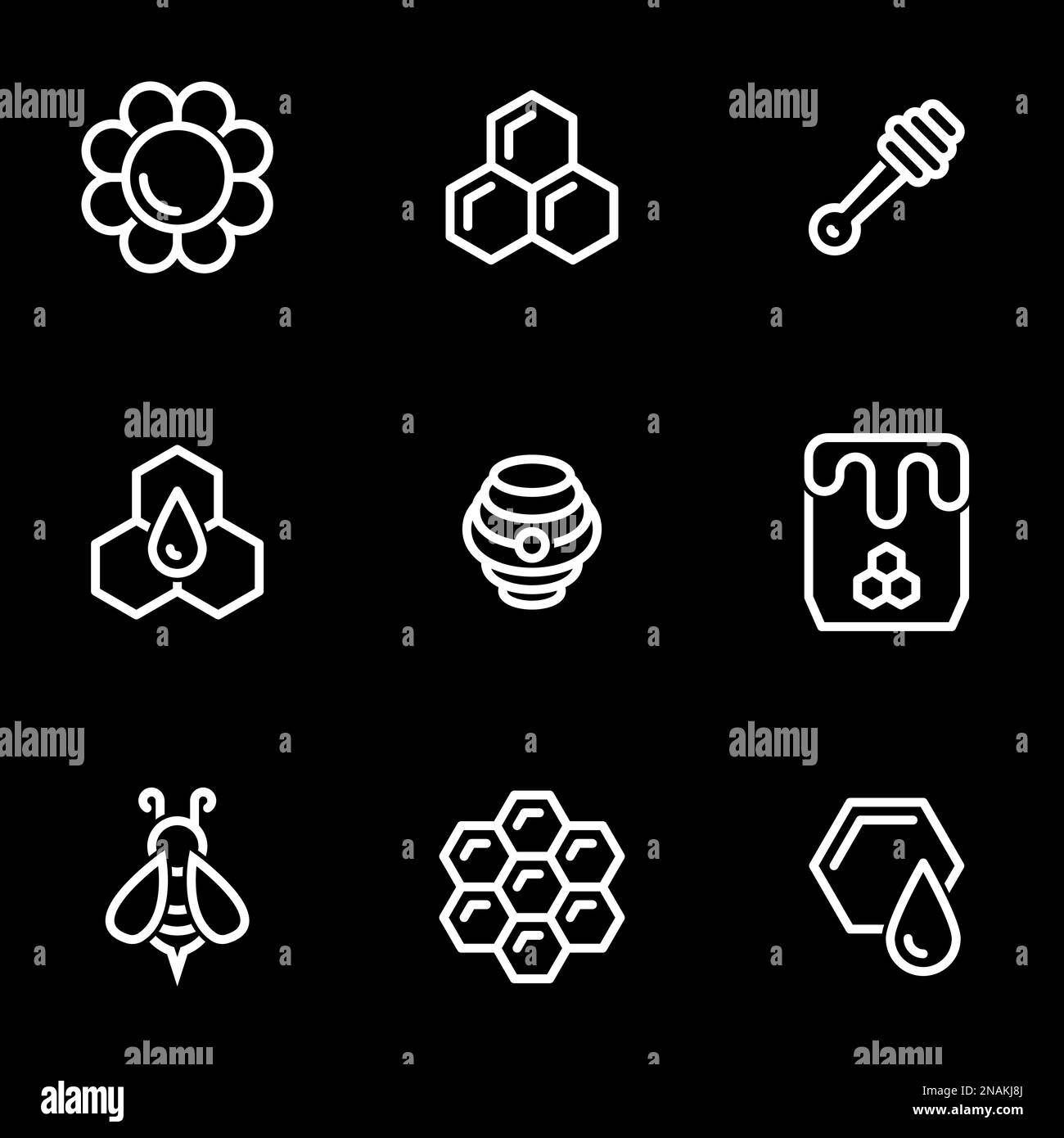 Set of simple icons on a theme Bee, honey, sweet, vector, set. Black background Stock Vector
