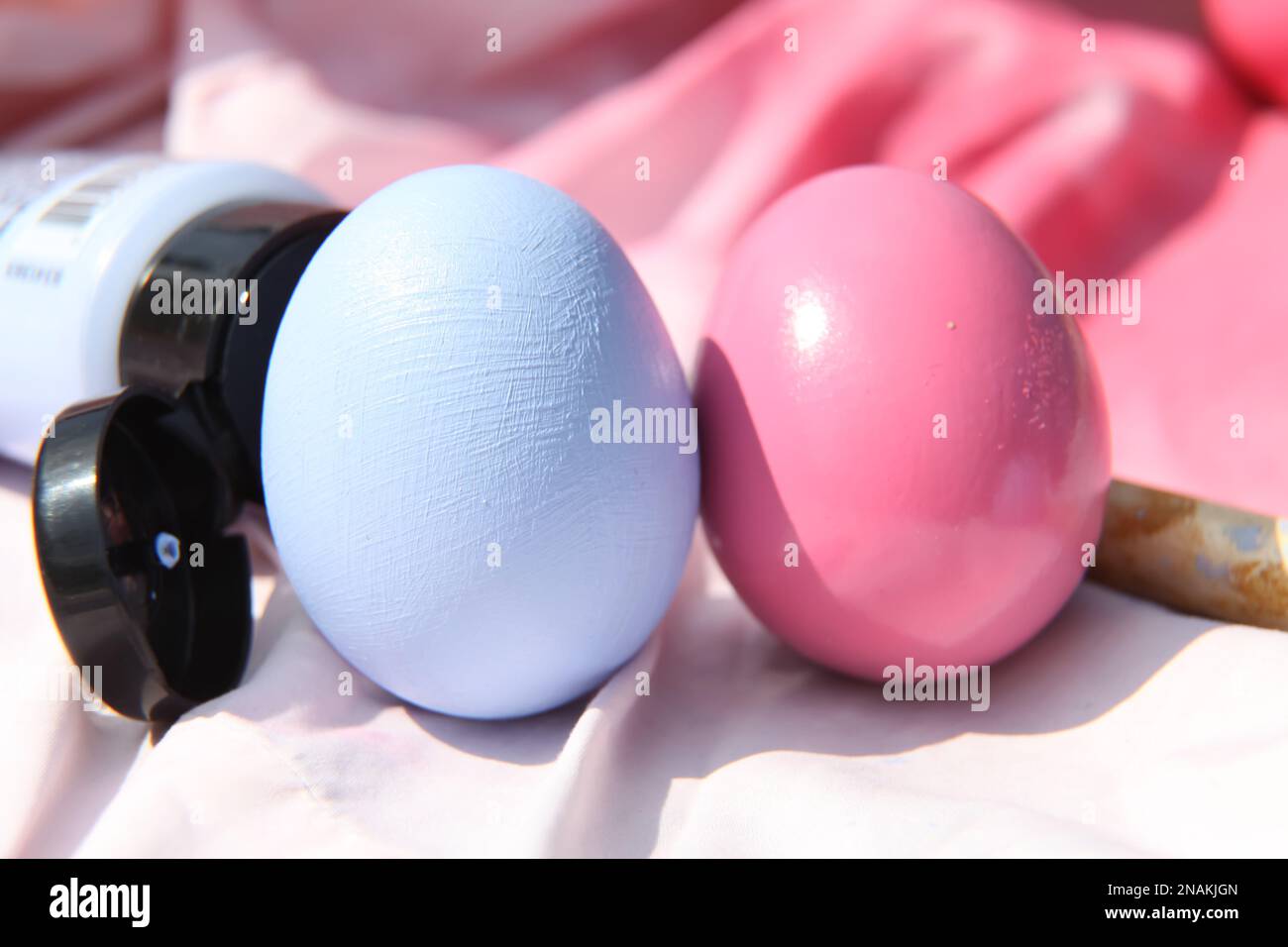 Easter crafts, painting a real egg with blue and pink paint for Easter with paintbrush, crafting, UK Stock Photo