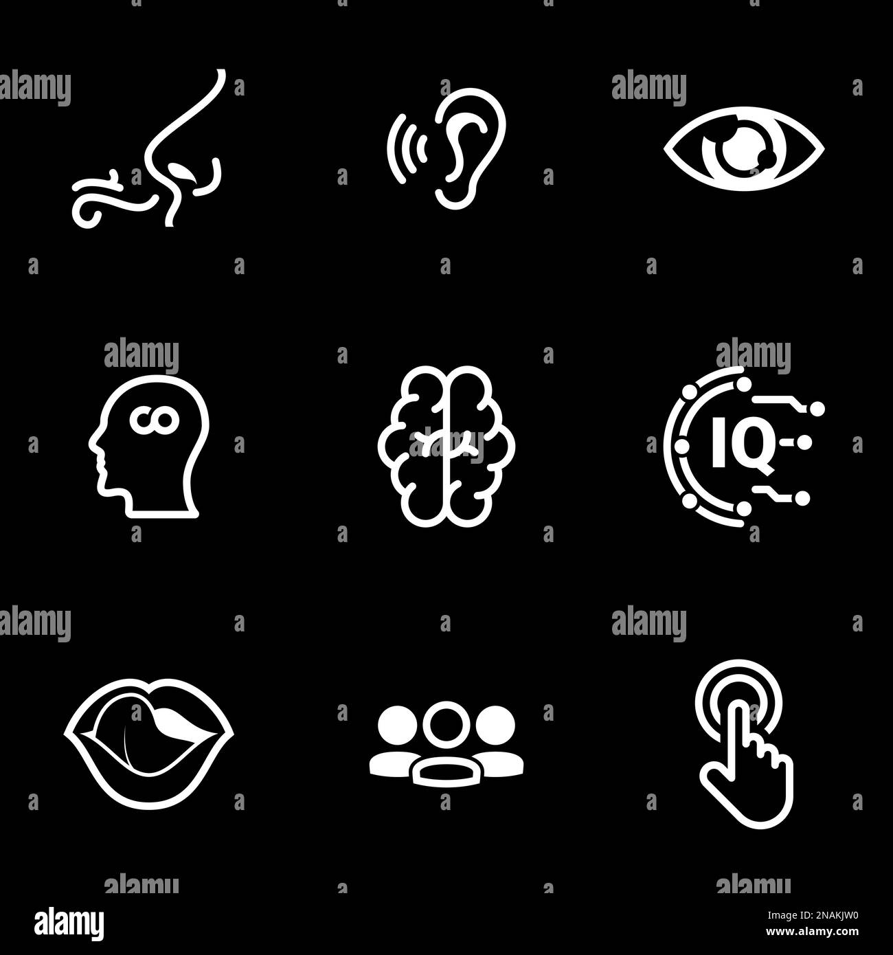 Set of simple icons on a theme Sense organs, man, mind, processing, perception, intellect , vector, set. White icons isolated against black background Stock Vector