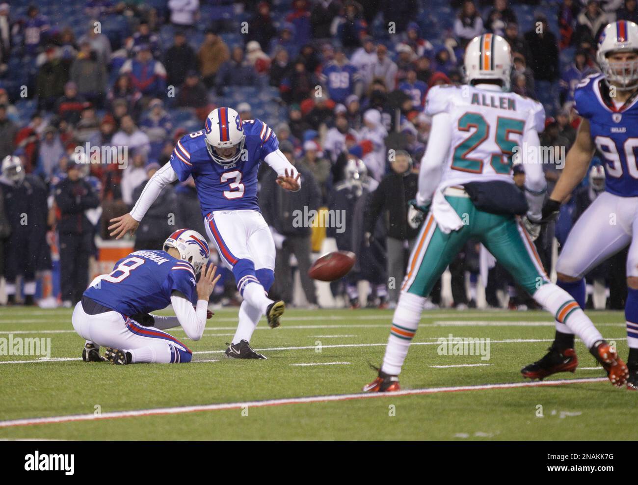 Buffalo Bills' Dave Rayner (3) kicks a field goal against the Miami  Dolphins during the second half of an NFL football game in Orchard Park,  N.Y., Sunday, Dec. 18, 2011. The Dolphins