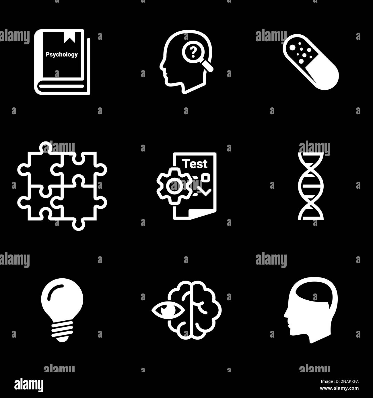 Set of simple icons on a theme Psychology, learning, and, learning, science, observation, vector, set. Black background Stock Vector
