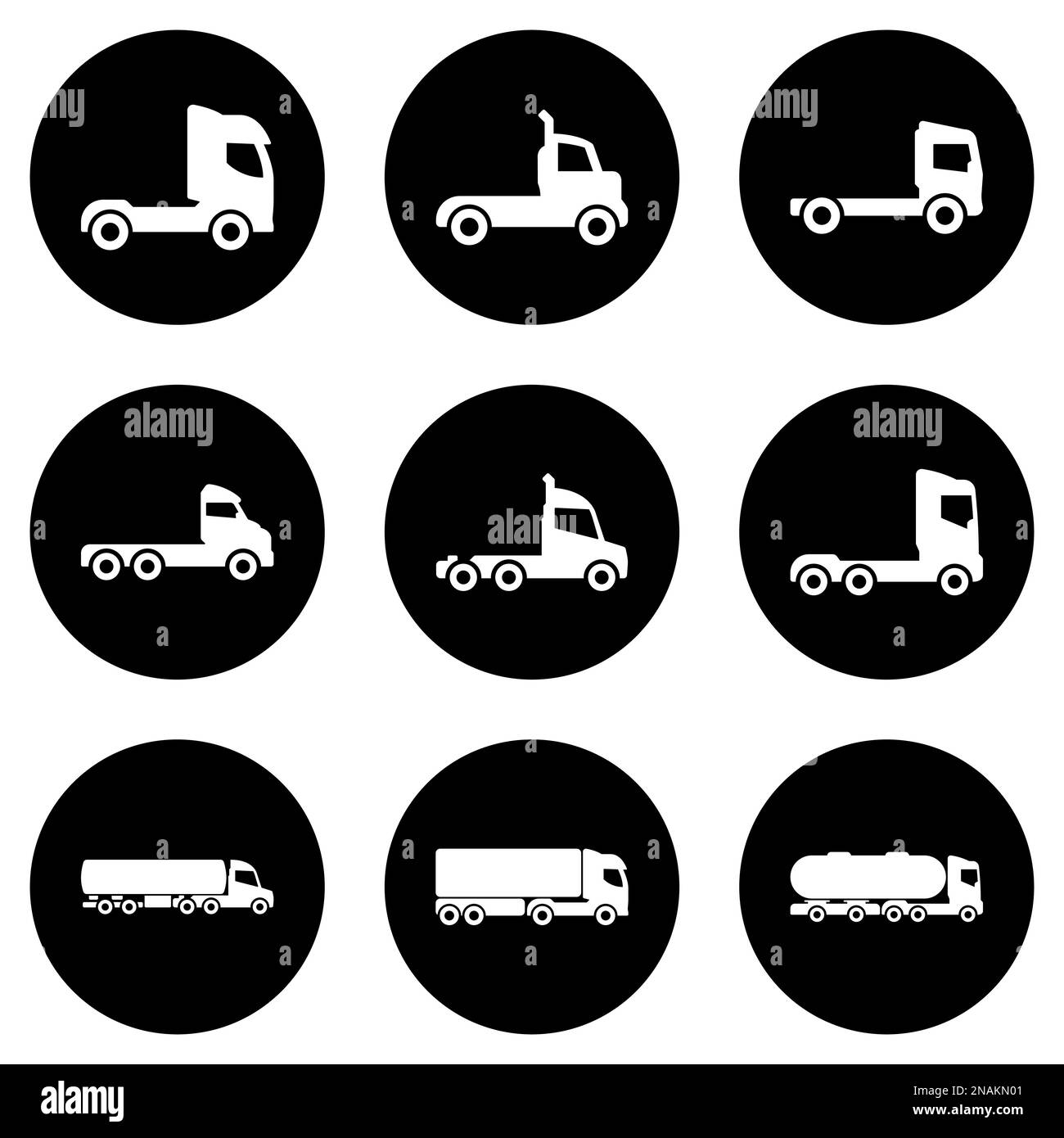 Set of white icons isolated against a black background, on a theme Trucks, side view Stock Vector
