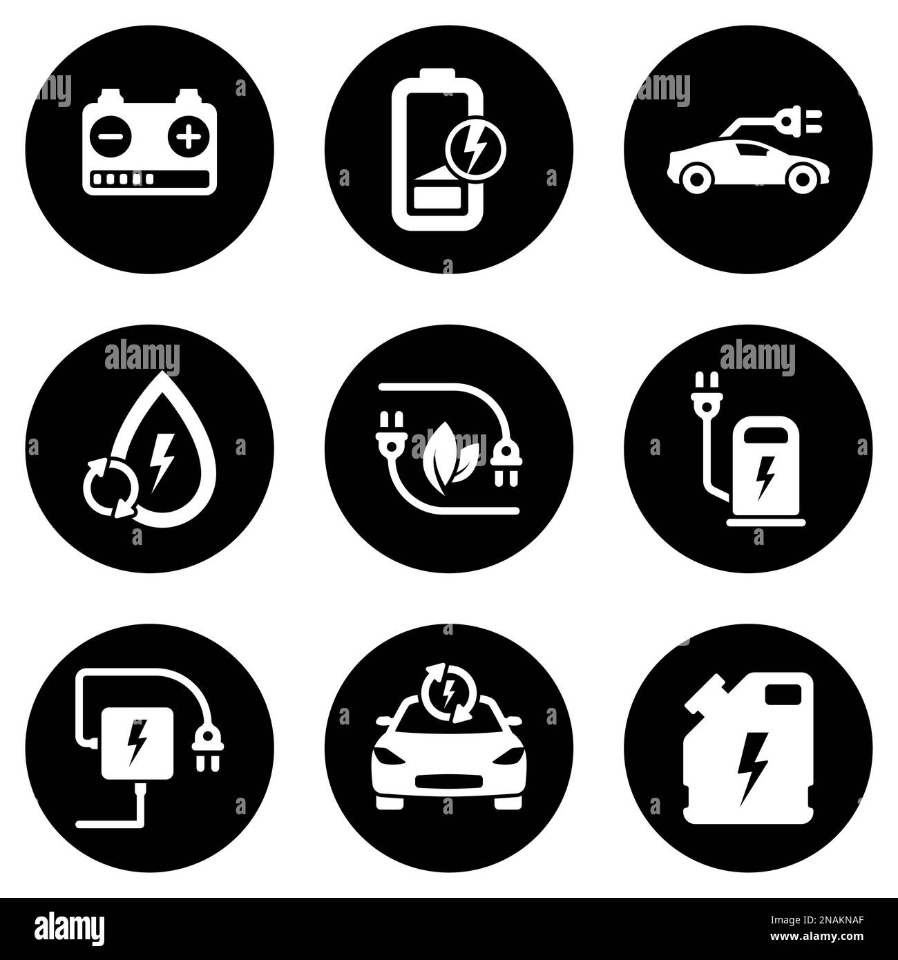 Set of white icons isolated against a black background, on a theme Electric car Stock Vector