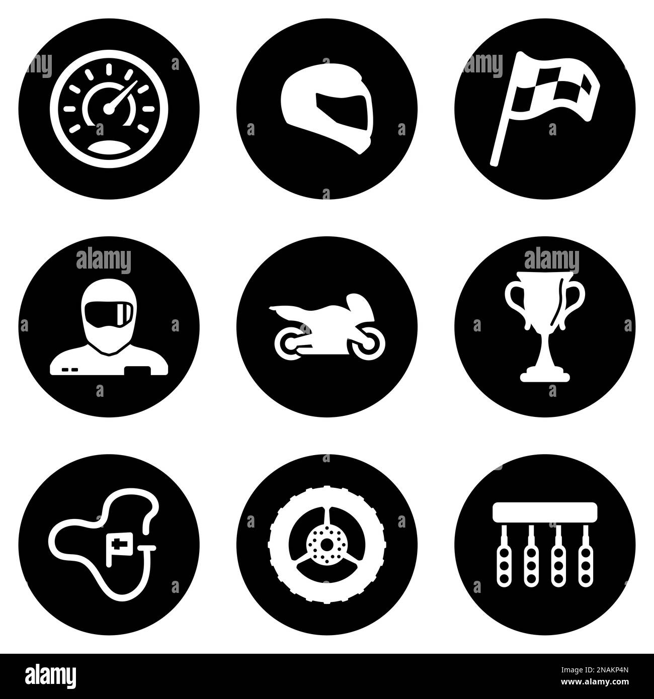 Set of white icons isolated against a black background, on a theme Motorcycle race Stock Vector