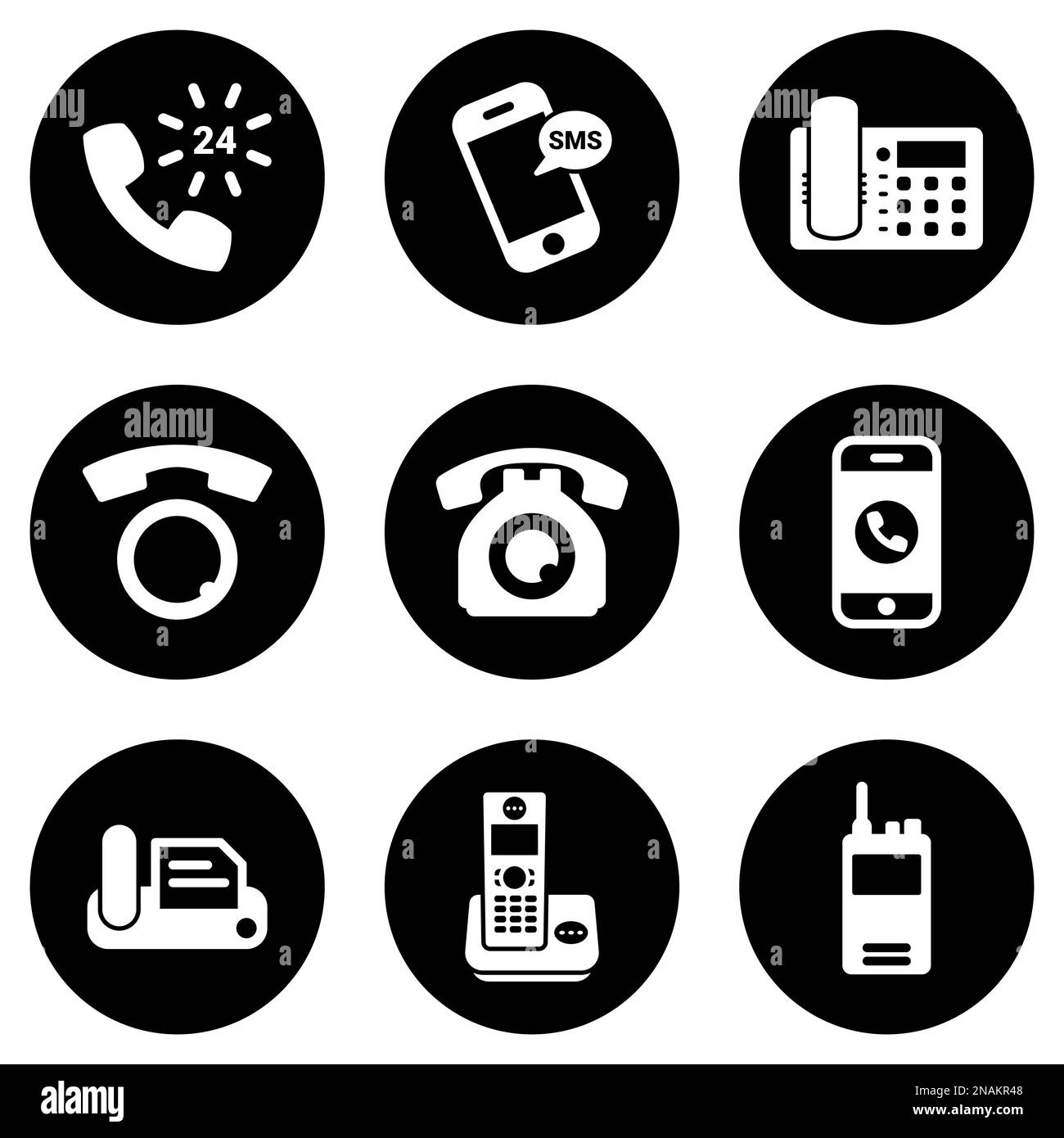 Set of white icons isolated against a black background, on a theme Phone Stock Vector