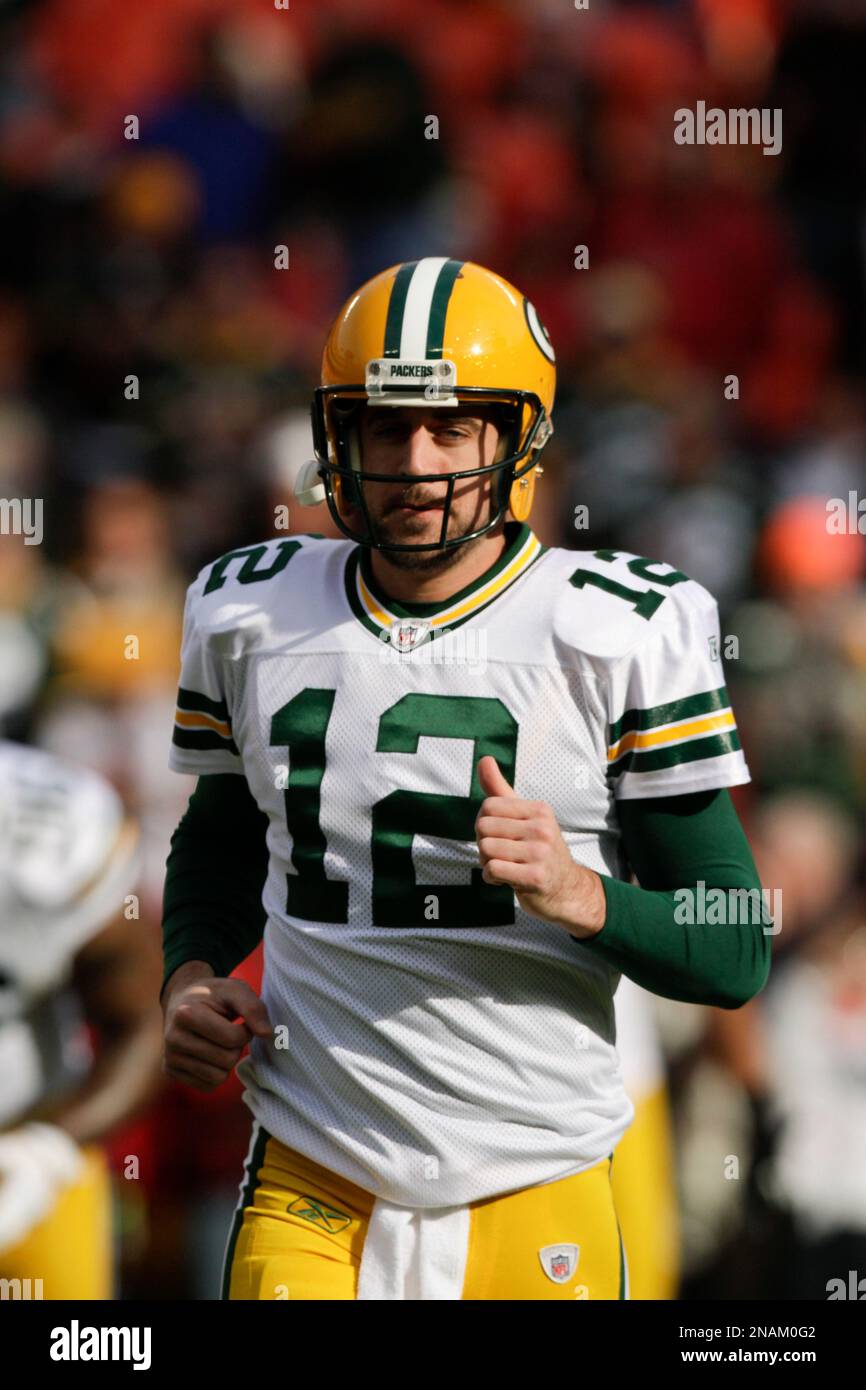 Green Bay Packers quarterback Aaron Rodgers (12) warms up during an NFL