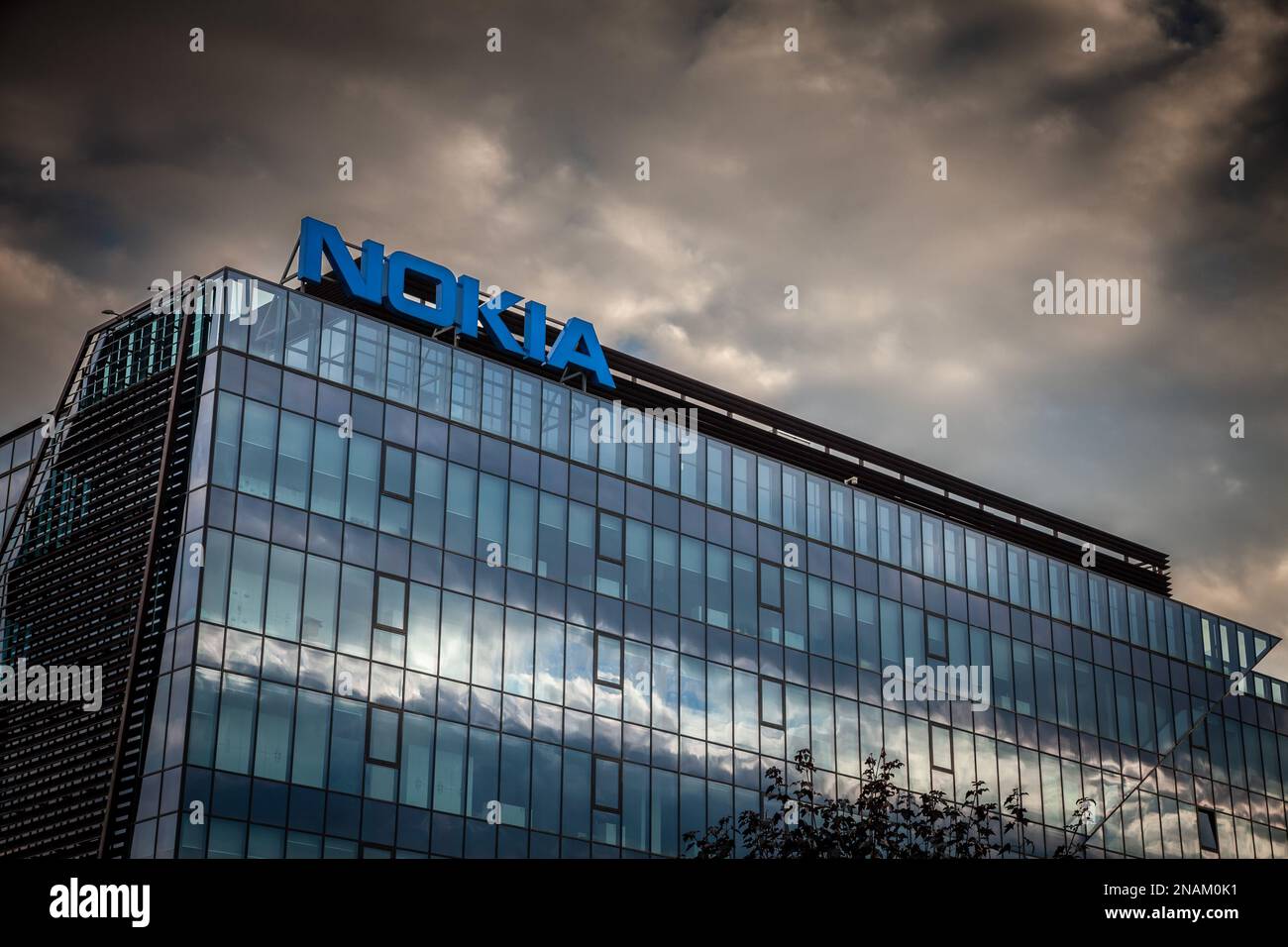Picture of a sign with the logo of Nokia on their main office for Timisoara. Nokia Corporation is a Finnish multinational telecommunications, informat Stock Photo