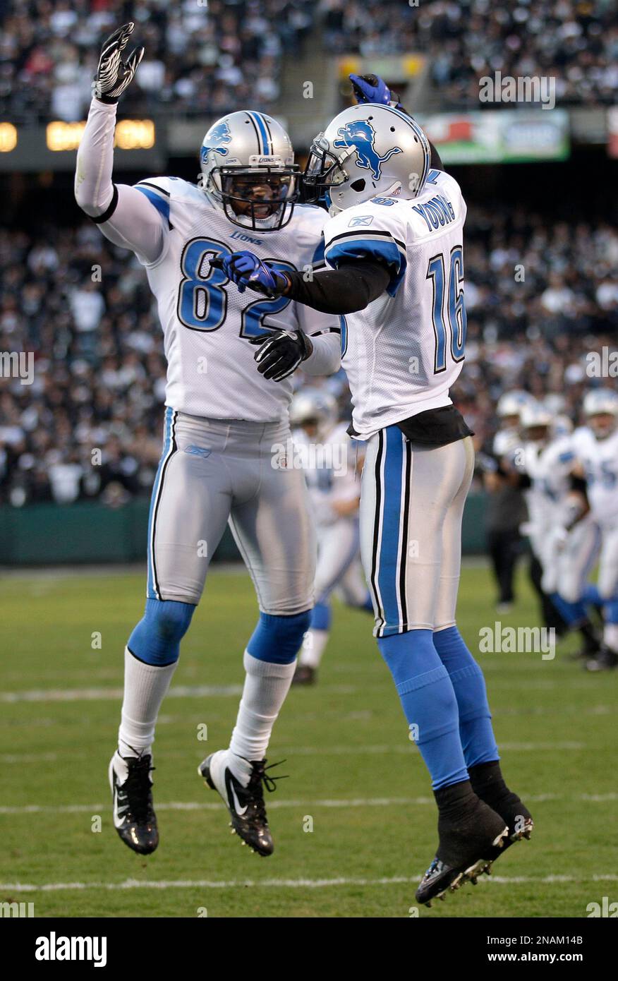 Dec 18, 2011; Oakland, CA, USA; Detroit Lions quarterback Matthew Stafford  (9) celebrates after the game against the Oakland Raiders at O.co Coliseum.  Detroit defeated Oakland 28-27 Stock Photo - Alamy