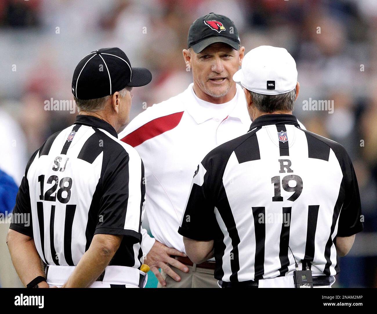 Arizona Cardinals head coach Ken Whisenhunt talks with side judge Larry