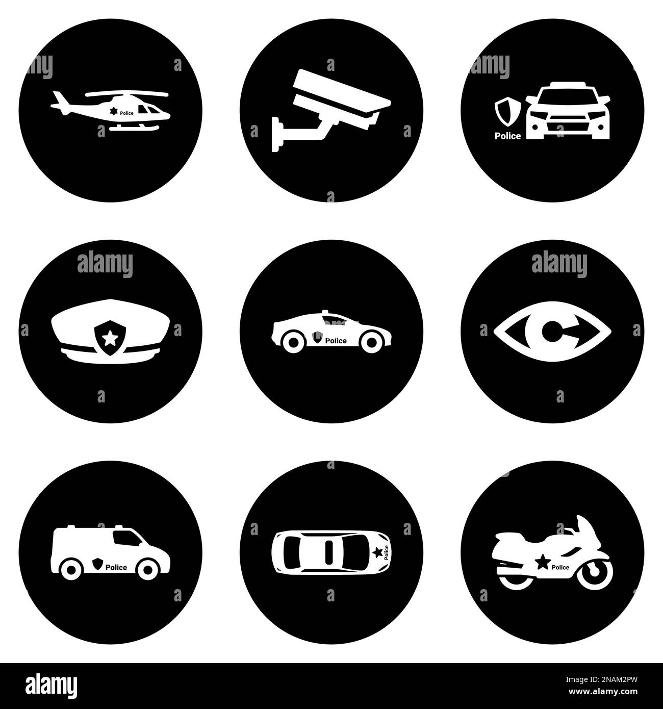 Set of white icons isolated against a black background, on a theme Police Stock Vector