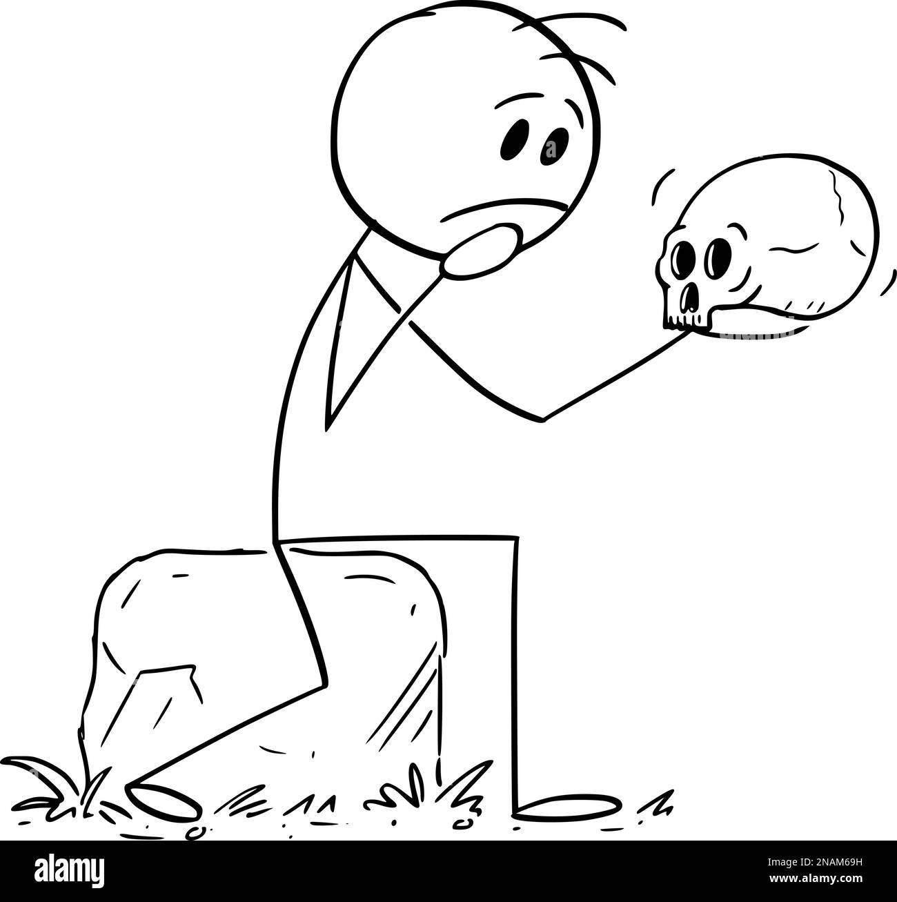 Person or Hamlet Holding Skull and Thinking , Vector Cartoon Stick