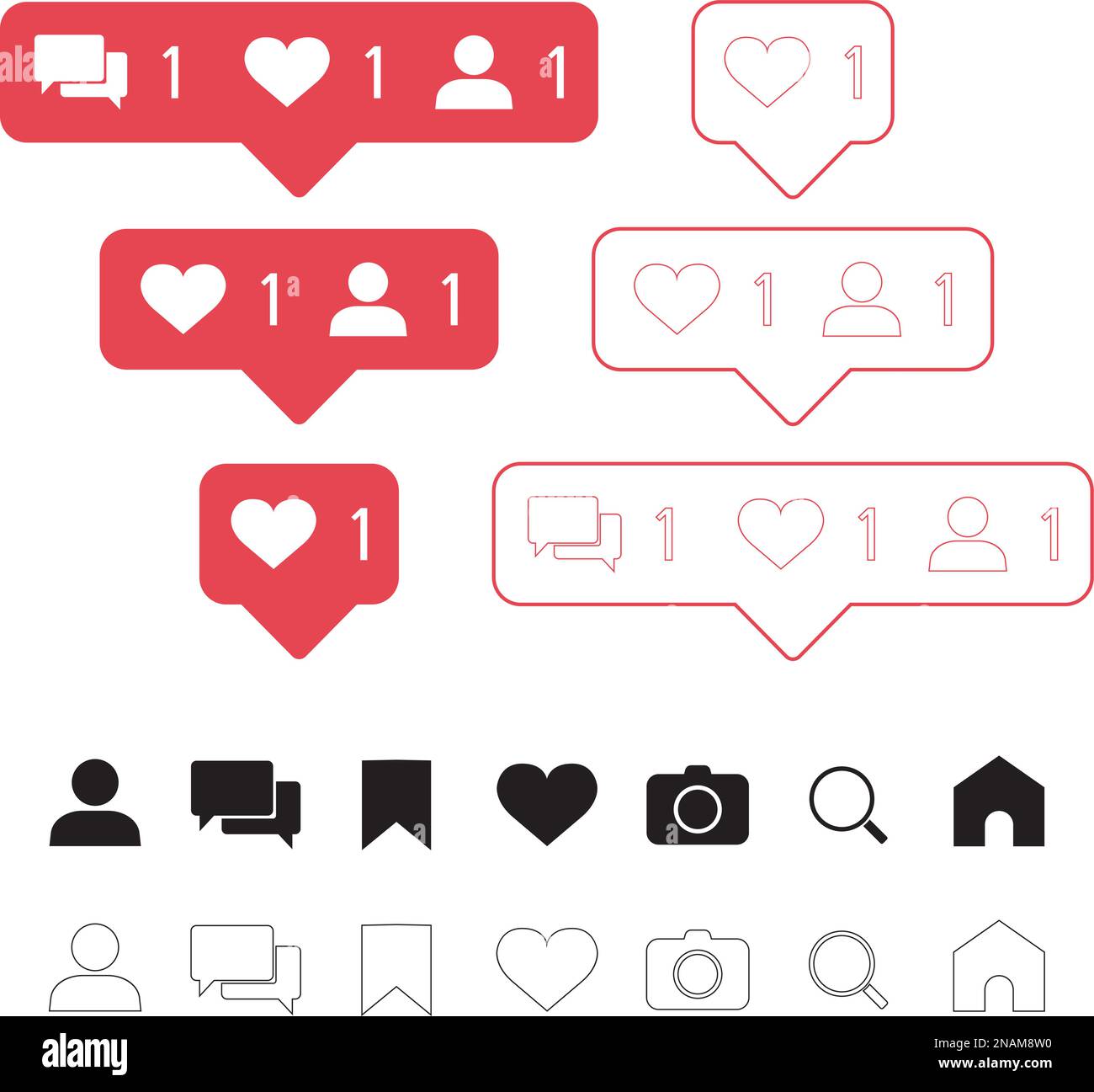 Set of social media icons: like, follower, comment, home, camera, user ...