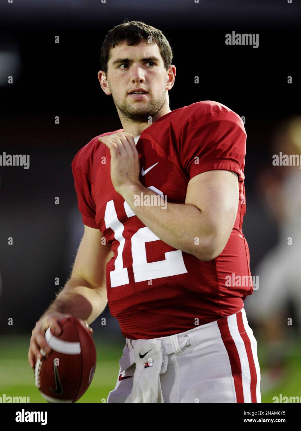 Stanford quarterback Andrew Luck passes during practice in Stanford Calif. Friday Dec. 16 2011 in preparation for their NCAA college football Fiesta Bowl game scheduled for Jan. 2 against Oklahoma Sta...